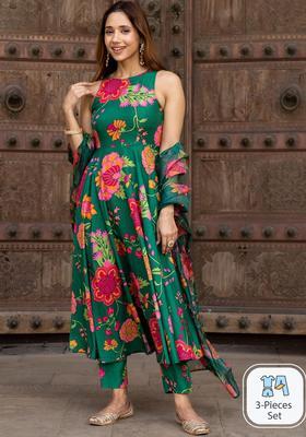 Green Printed Silk Blend Anarkli Sets
