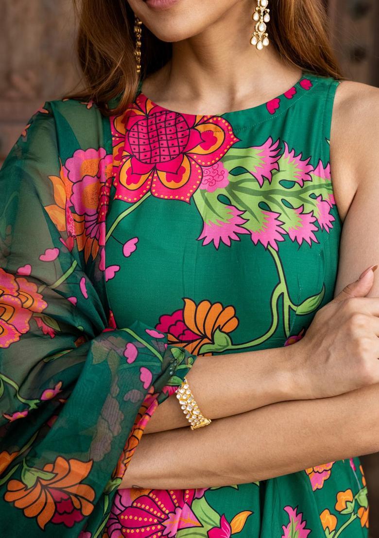 Green Printed Silk Blend Anarkli Sets - Indya