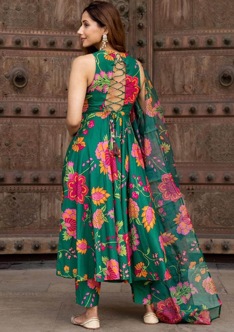 Green Printed Silk Blend Anarkli Sets - Indya