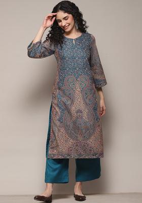 Blue Printed Polyester Kurta Sets