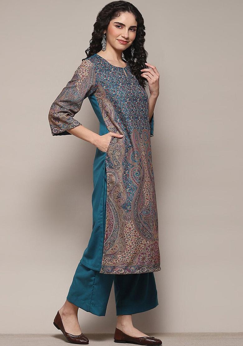 Blue Printed Polyester Kurta Sets - Indya