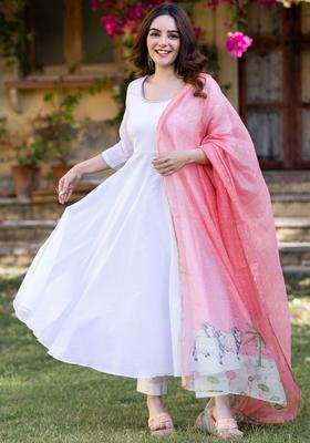 White Yoke Design Cotton Kurta Sets
