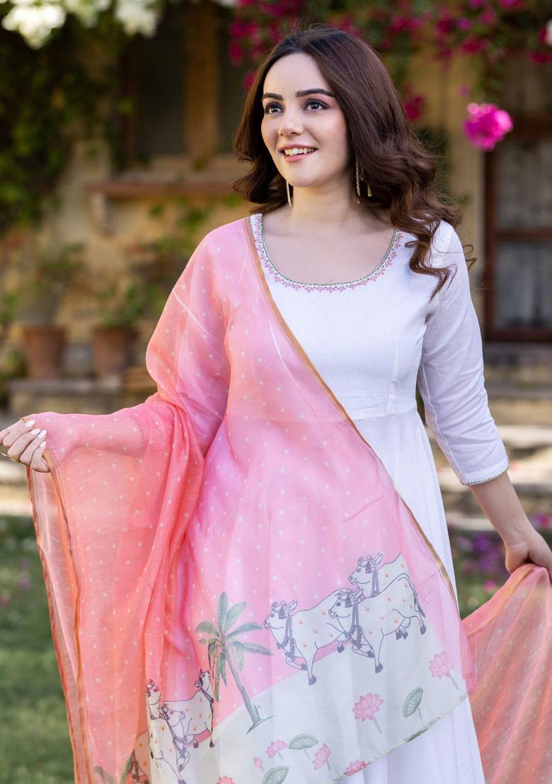 White Yoke Design Cotton Kurta Sets - Indya