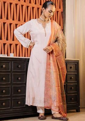 Cream Solid Viscose Kurta Sets