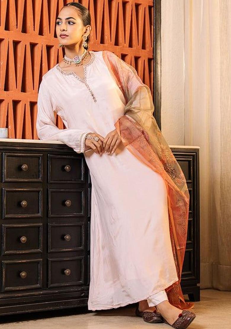 Cream Solid Viscose Kurta Sets - Indya