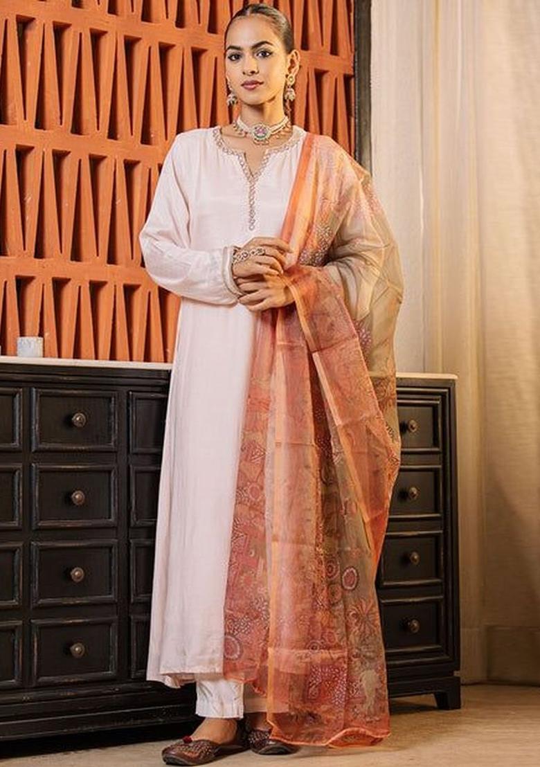 Cream Solid Viscose Kurta Sets - Indya