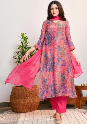 Pink Printed Viscose Kurta Sets