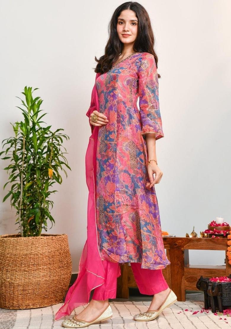 Pink Printed Viscose Kurta Sets - Indya