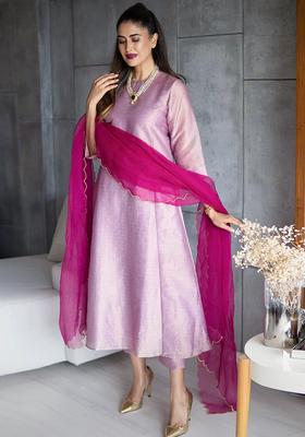 Purple Self Design Tissue Kurta Sets