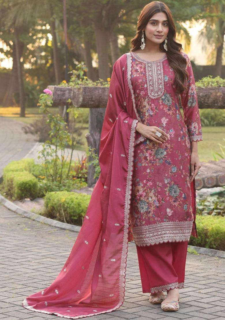 Maroon Printed Chinon Kurta Sets - Indya