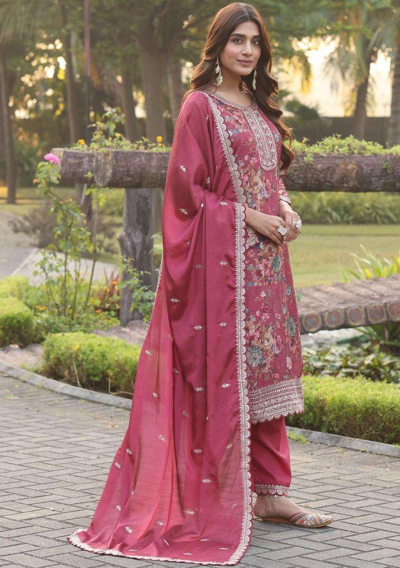 Maroon Printed Chinon Kurta Sets - Indya