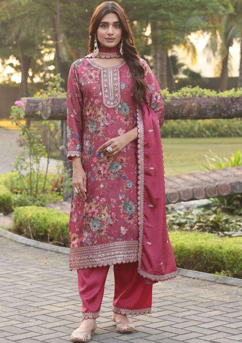 Maroon Printed Chinon Kurta Sets - Indya