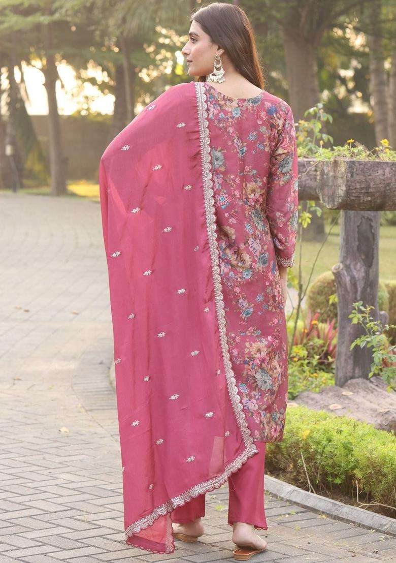 Maroon Printed Chinon Kurta Sets - Indya