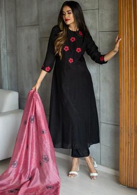 Black Embroidered Cotton Anarkli Sets