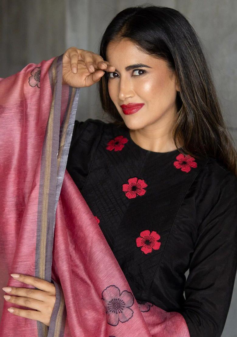 Black Embroidered Cotton Anarkli Sets - Indya