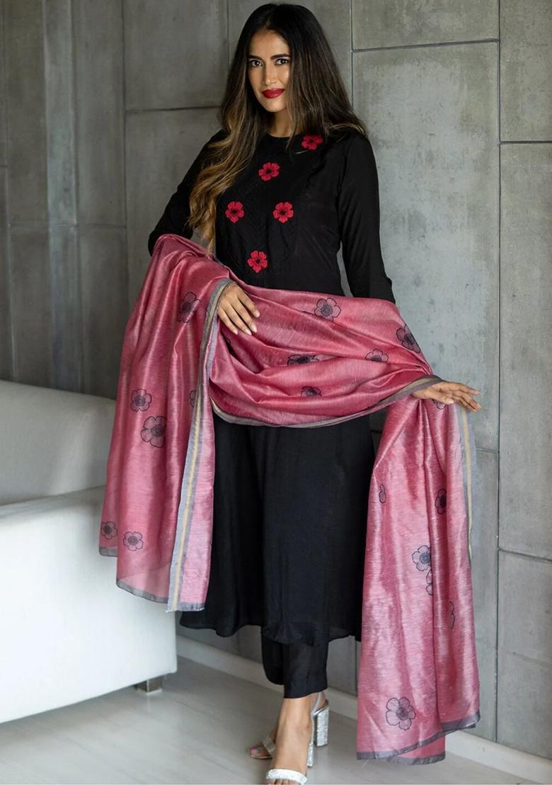 Black Embroidered Cotton Anarkli Sets - Indya