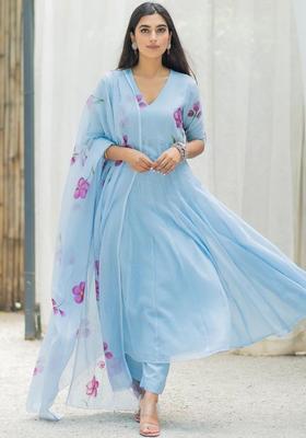 Blue Self Design Cotton Anarkli Sets