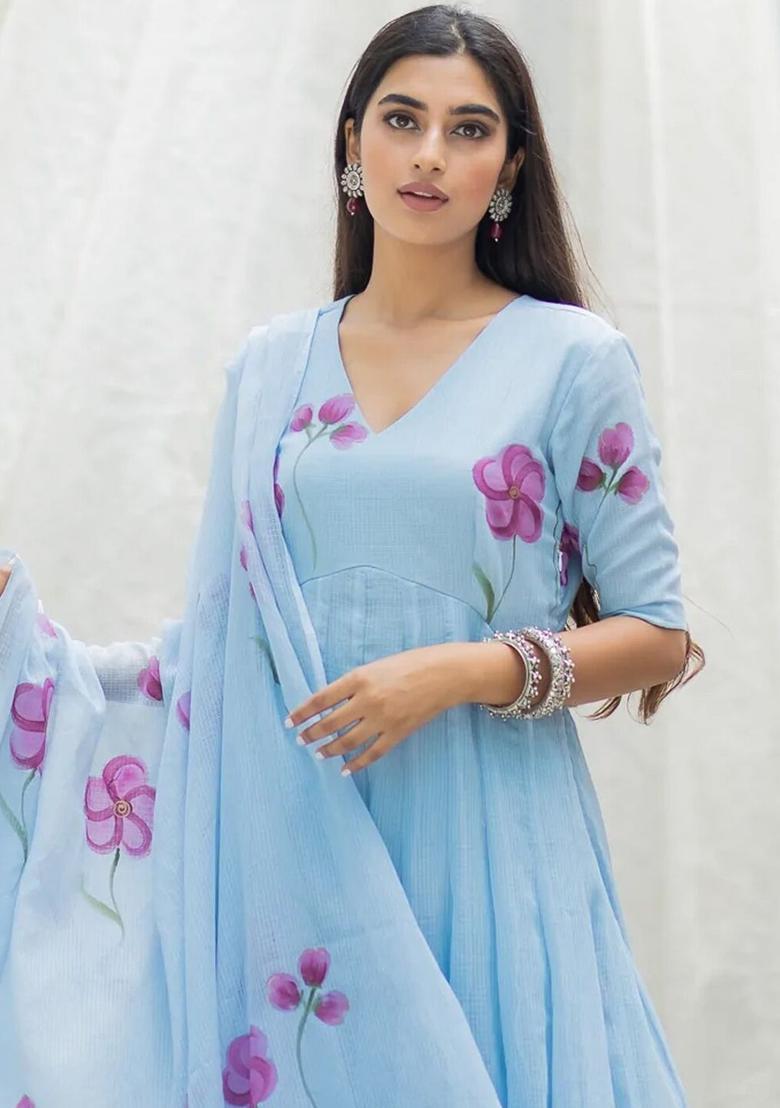 Blue Self Design Cotton Anarkli Sets - Indya