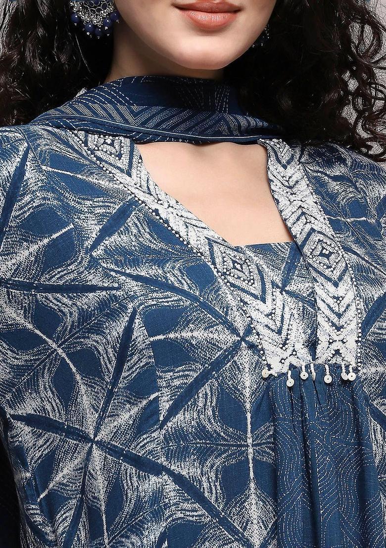Blue Printed Viscose Kurta Sets - Indya
