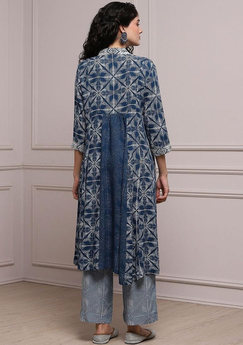 Blue Printed Viscose Kurta Sets - Indya