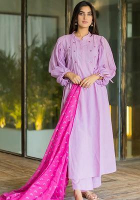 Purple Yoke Design Cotton Kurta Sets