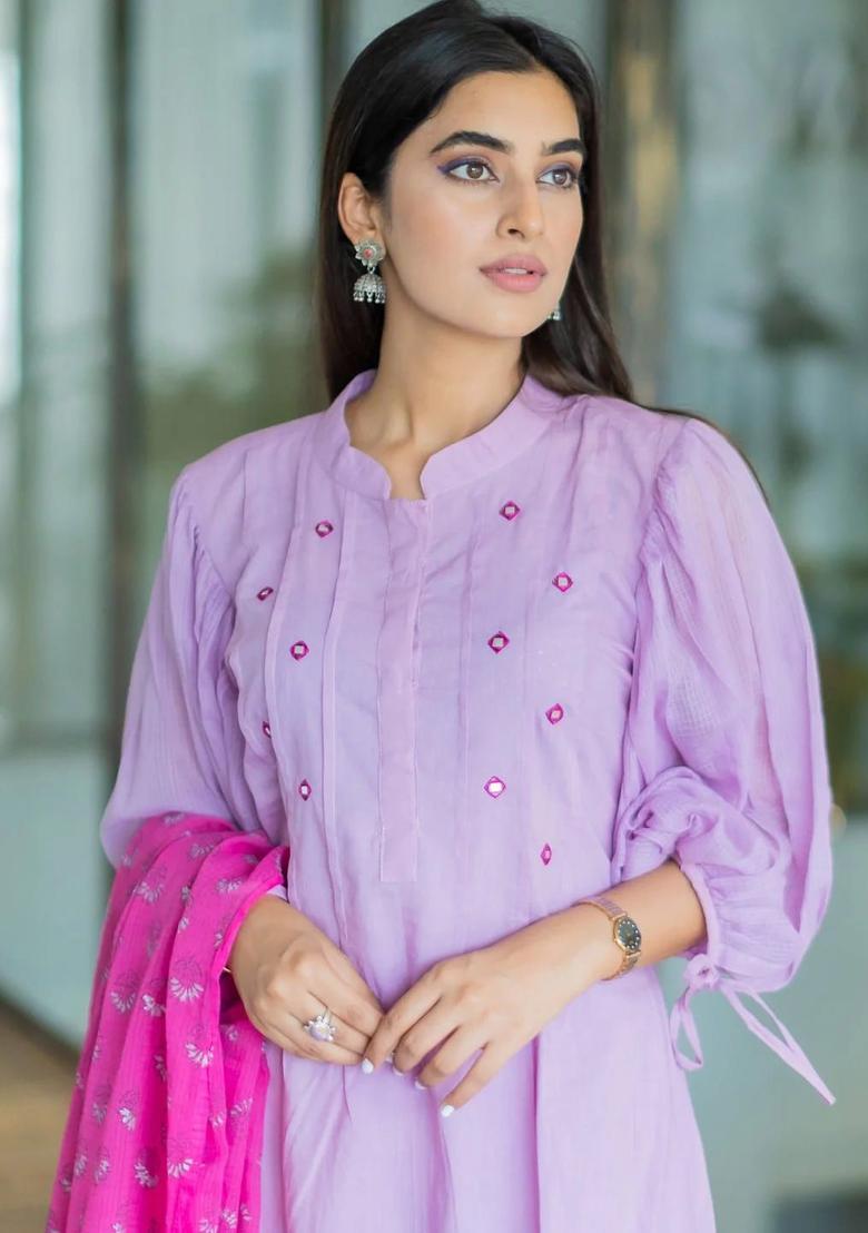 Purple Yoke Design Cotton Kurta Sets - Indya