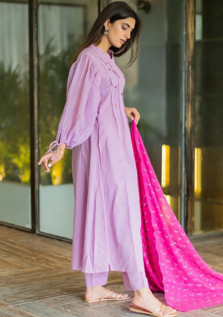 Purple Yoke Design Cotton Kurta Sets - Indya