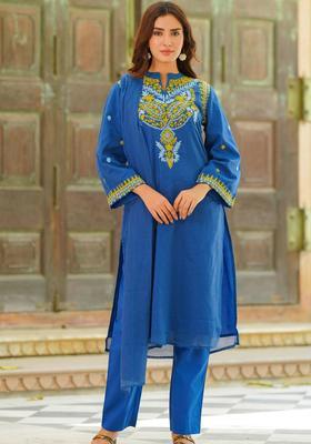 Blue Yoke Design Cotton Kurta Sets