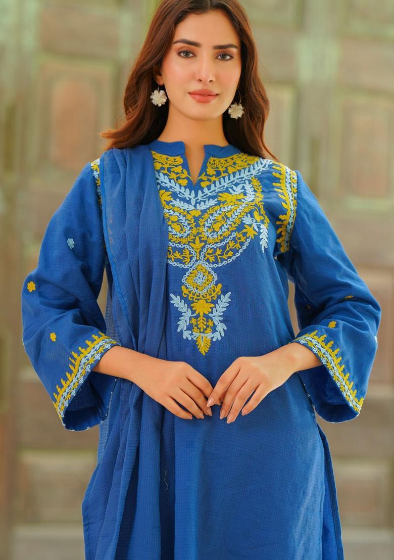 Blue Yoke Design Cotton Kurta Sets - Indya