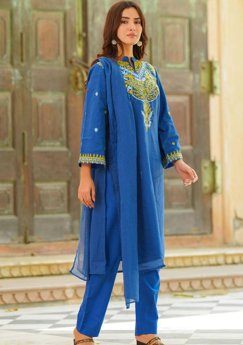 Blue Yoke Design Cotton Kurta Sets - Indya