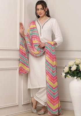 White Self Design Viscose Kurta Sets