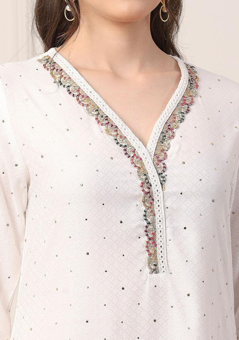 White Self Design Viscose Kurta Sets - Indya