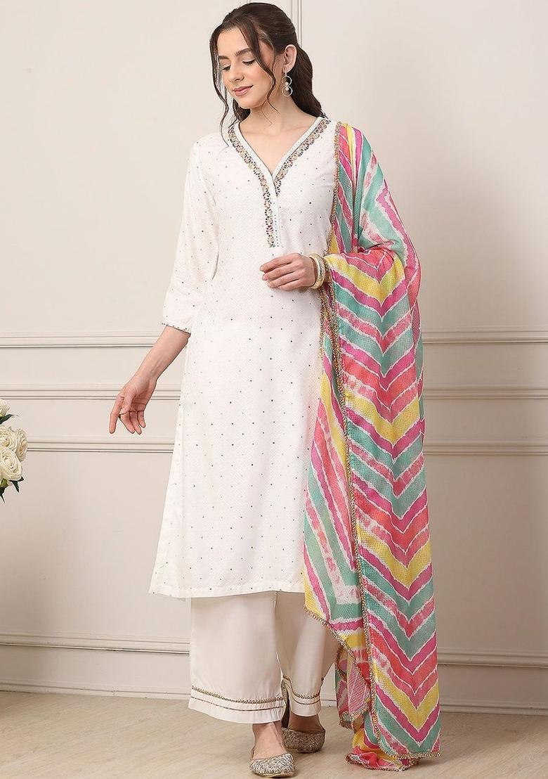 White Self Design Viscose Kurta Sets - Indya