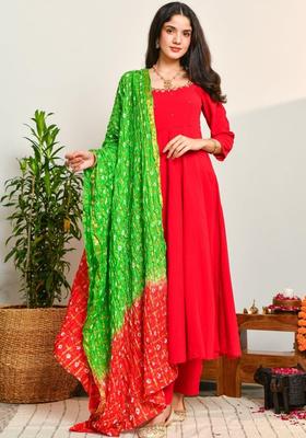 Red Embroidered Viscose Anarkli Sets