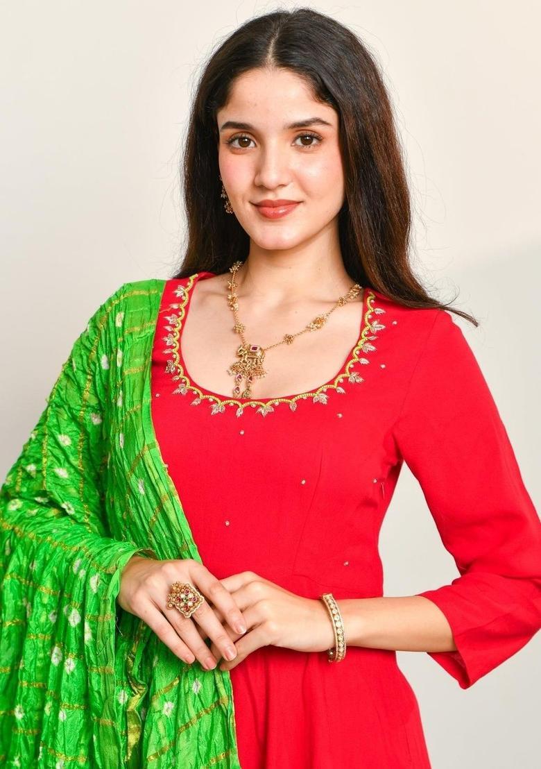 Red Embroidered Viscose Anarkli Sets - Indya