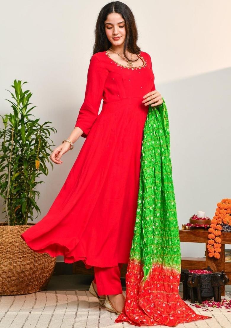 Red Embroidered Viscose Anarkli Sets - Indya