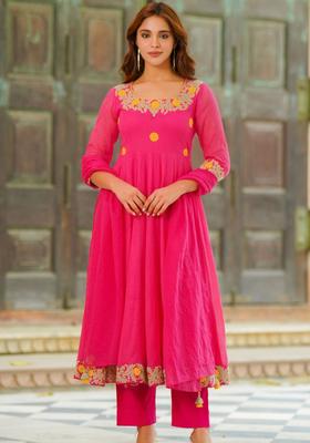 Pink Embroidered Cotton Anarkli Sets