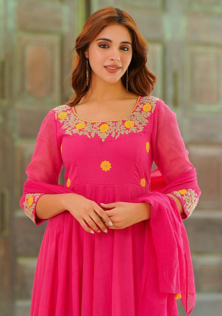 Pink Embroidered Cotton Anarkli Sets - Indya