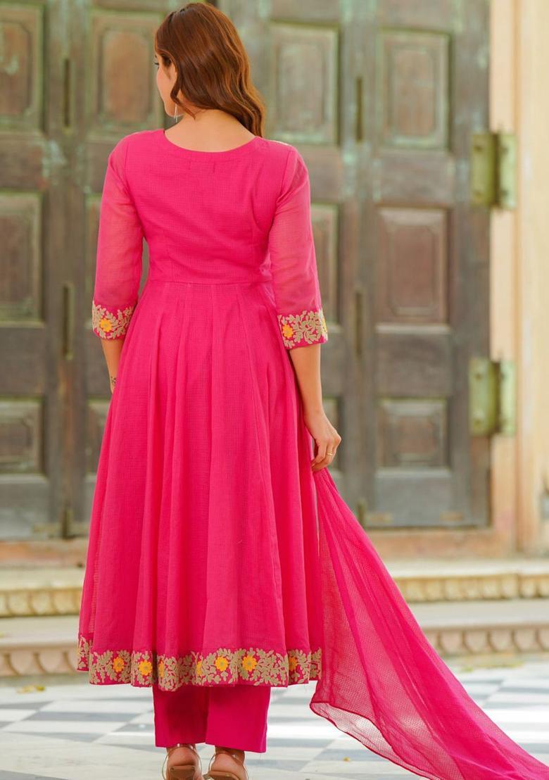 Pink Embroidered Cotton Anarkli Sets - Indya