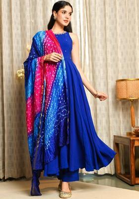 Blue Embroidered Viscose Anarkli Sets