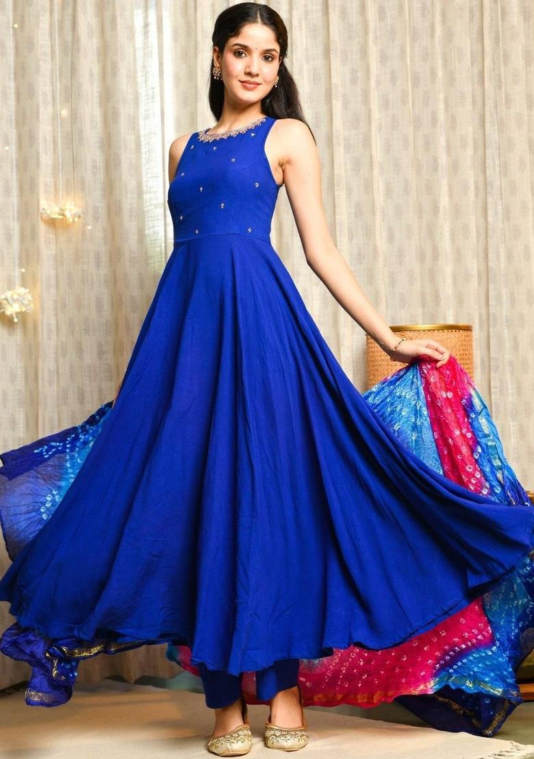 Blue Embroidered Viscose Anarkli Sets - Indya
