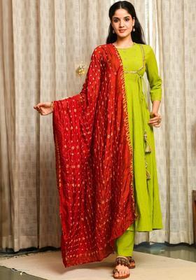 Green Embroidered Viscose Anarkli Sets