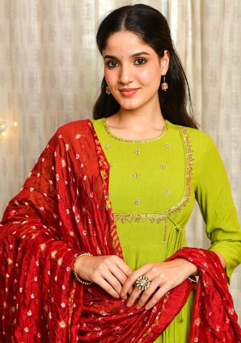 Green Embroidered Viscose Anarkli Sets - Indya