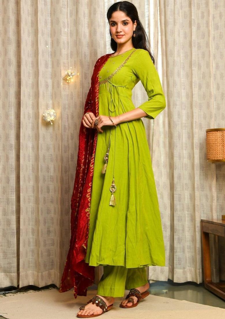 Green Embroidered Viscose Anarkli Sets - Indya