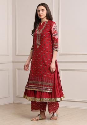 Maroon Printed Polyester Kurta Sets