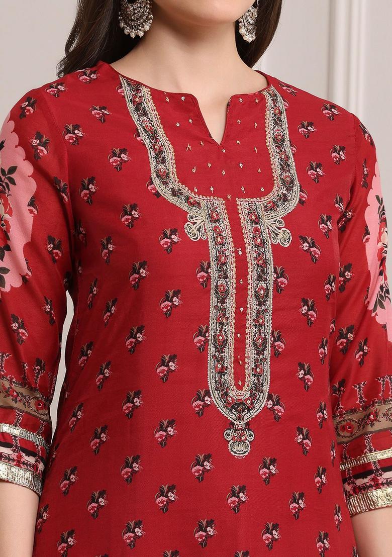 Maroon Printed Polyester Kurta Sets - Indya