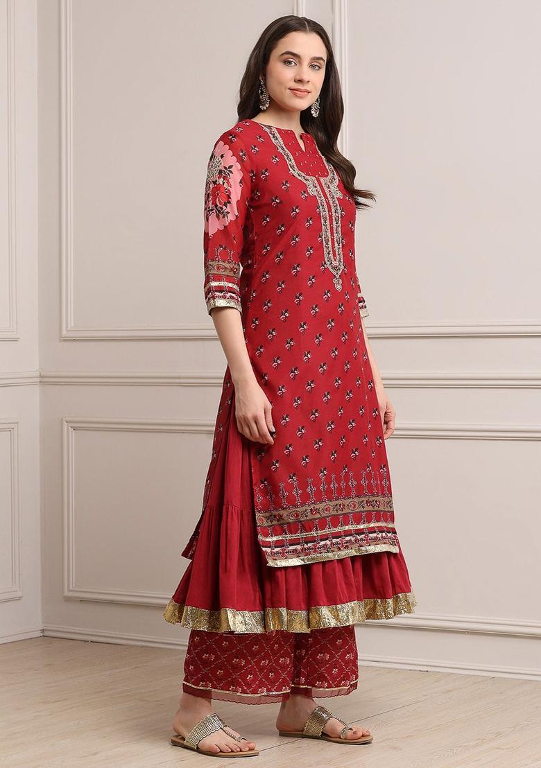 Maroon Printed Polyester Kurta Sets - Indya