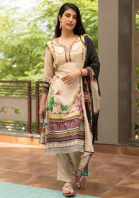 Beige Printed Cotton Kurta Sets