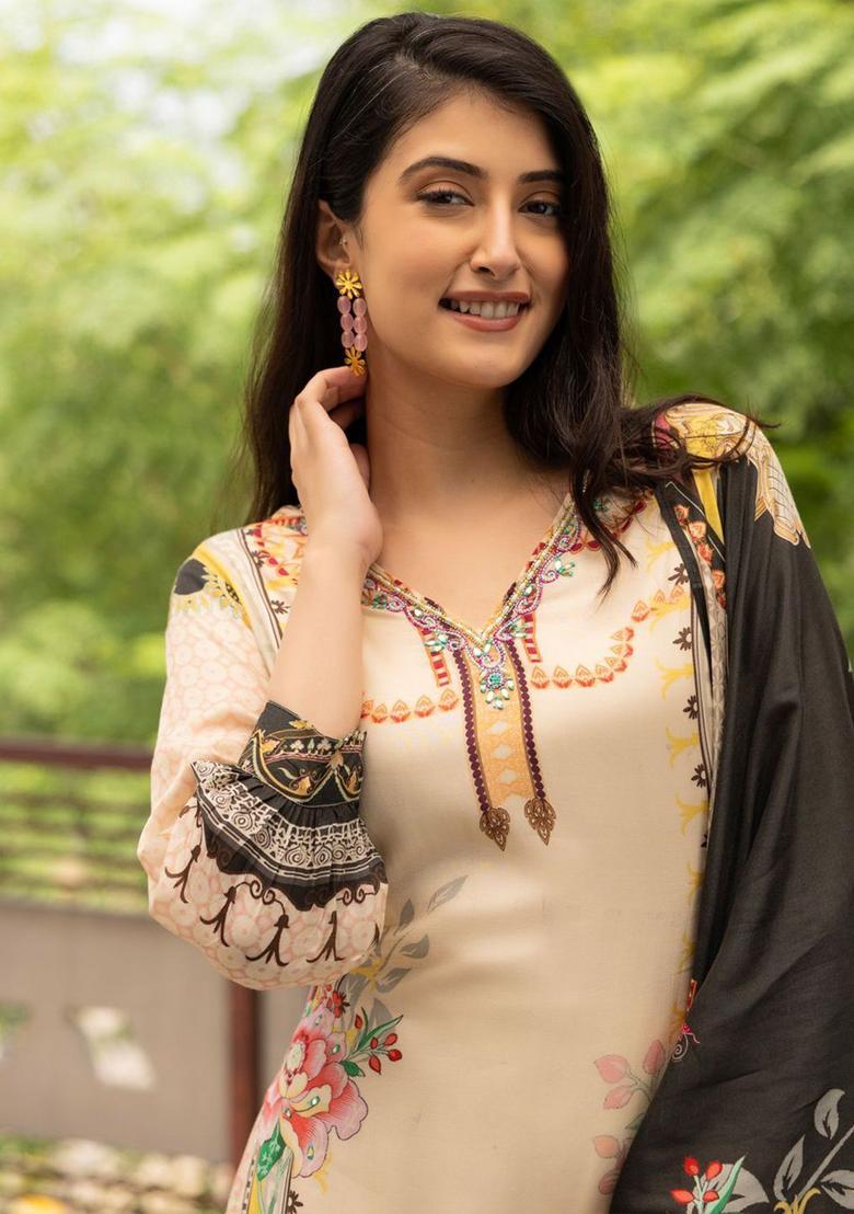 Beige Printed Cotton Kurta Sets - Indya