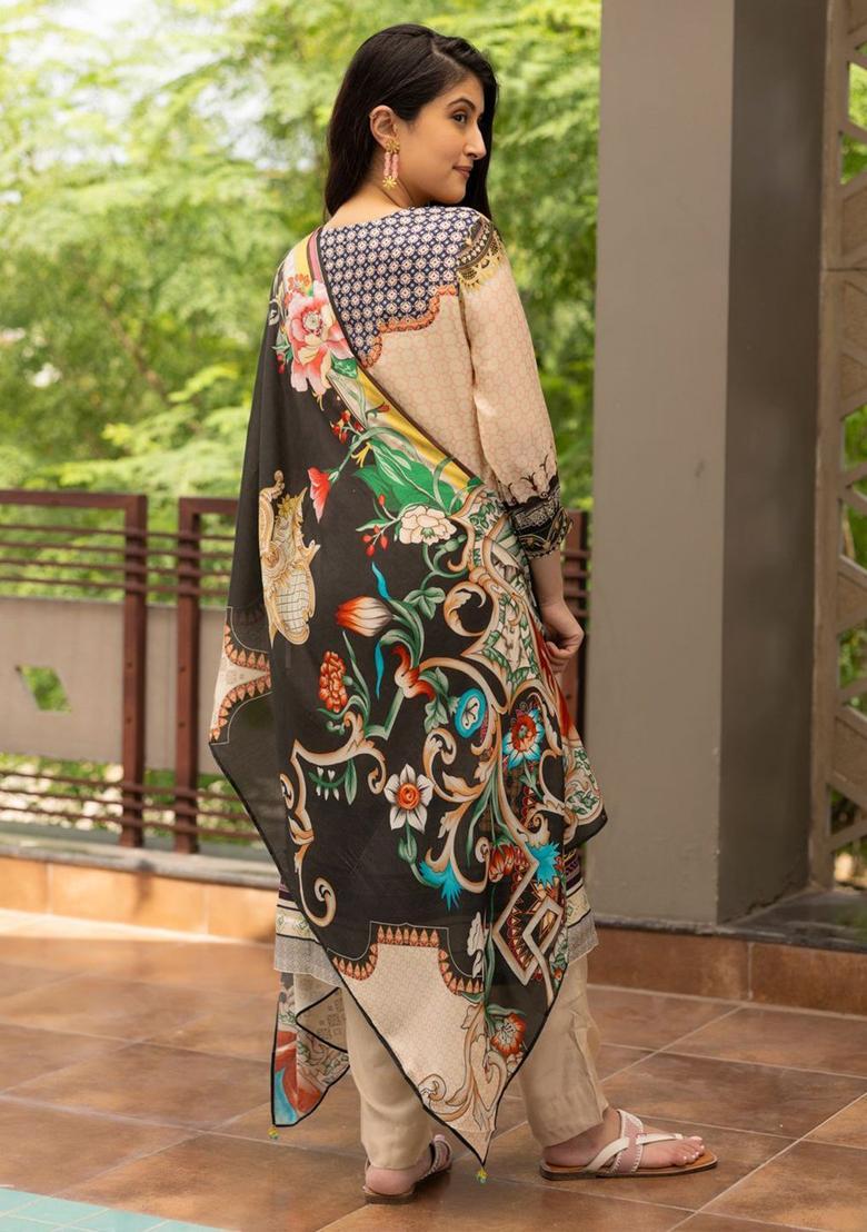 Beige Printed Cotton Kurta Sets - Indya